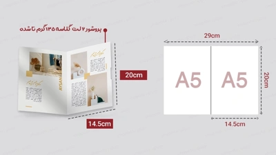 قالب باز شده و سایز واقعی بروشور 2 لت گلاسه سایز A5